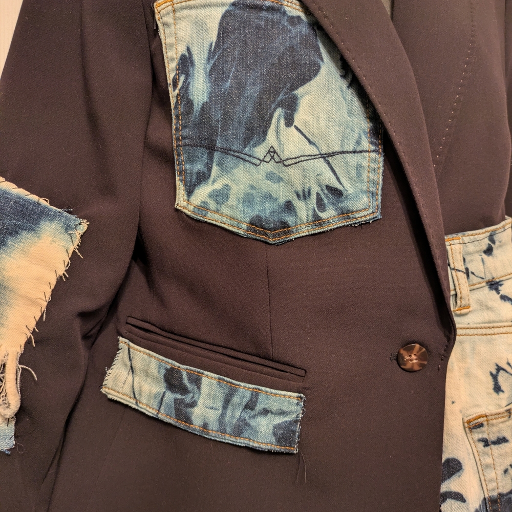 Custom Blazer - Black Blazer Blue Bleached Denim Distressed Blazer - Picture 2 of 6